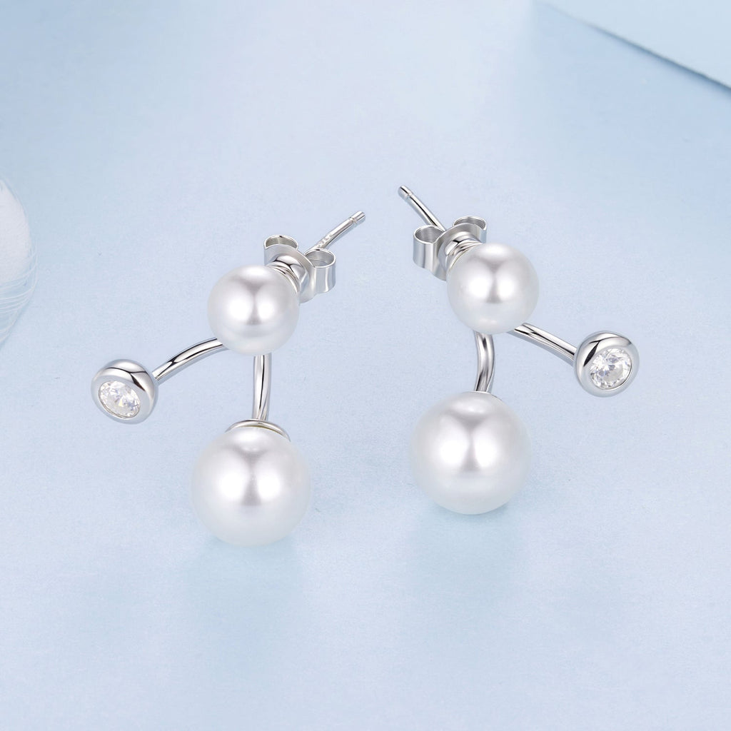 925 Sterling Silver Earrings with CZ and Synthetic Pearl, 1.7cm, White Gold Plated for Women