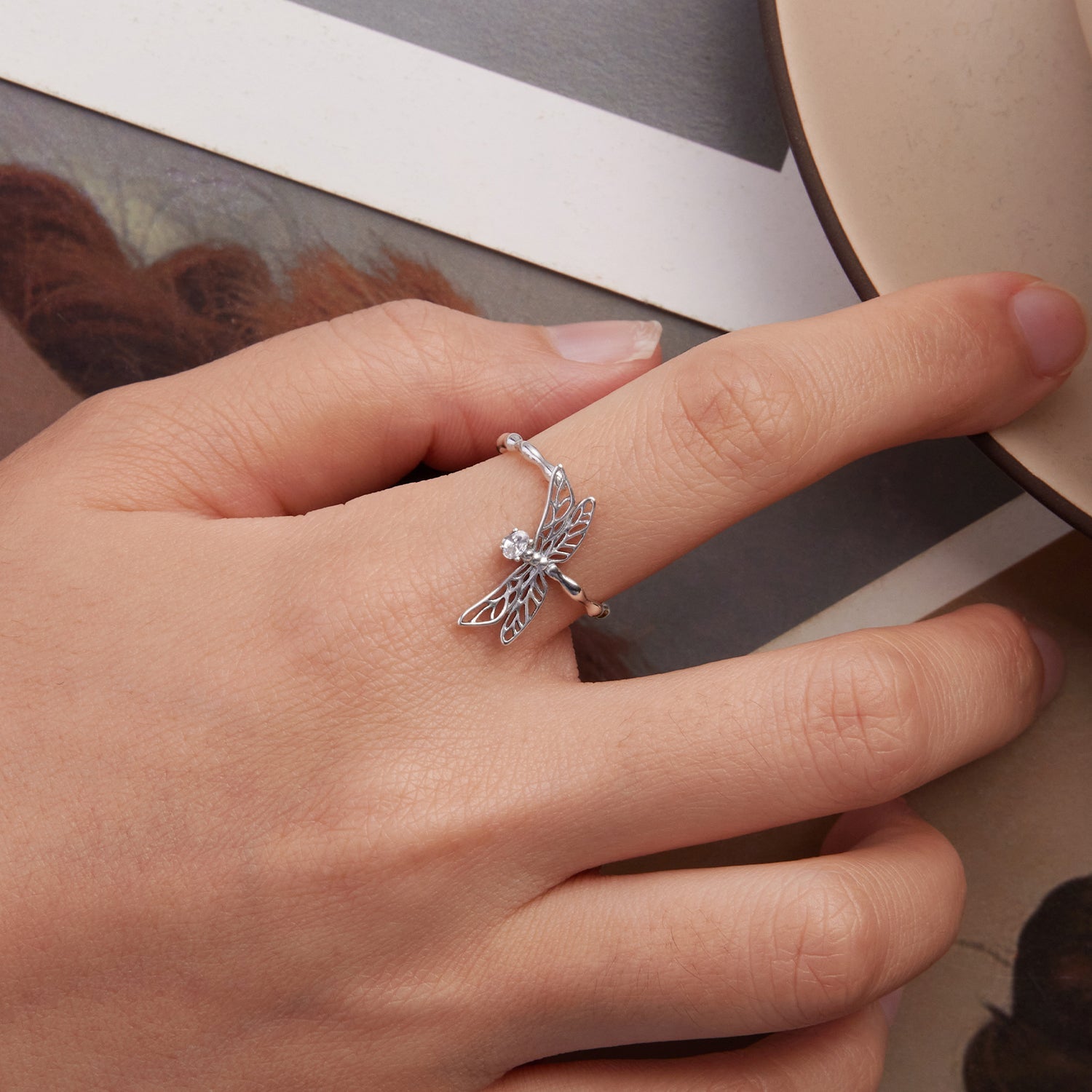 925 Sterling Silver Dragonfly Ring for Women with Cubic Zirconia