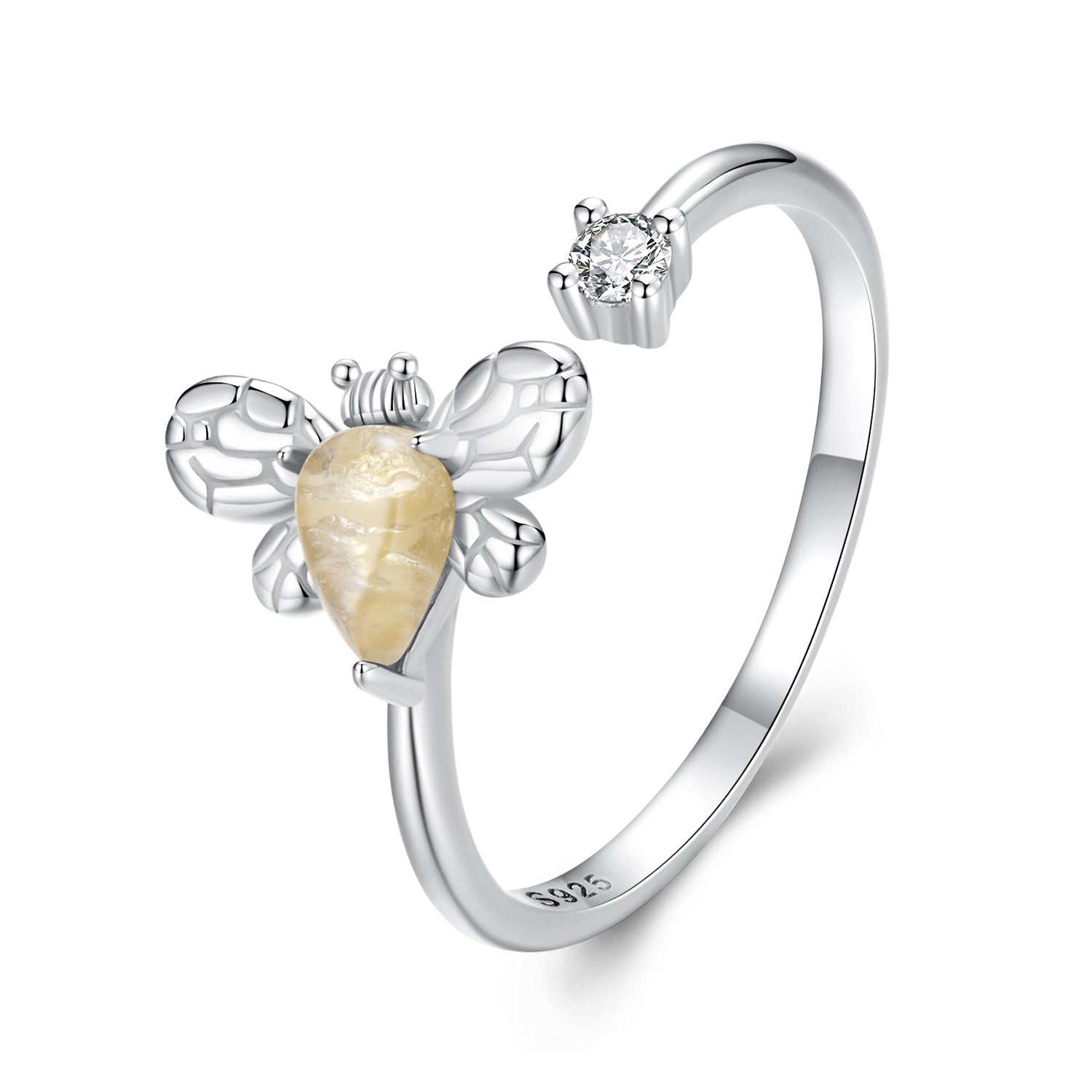 925 Sterling Silver White Gold Plated Jade Ring with CZ for Women