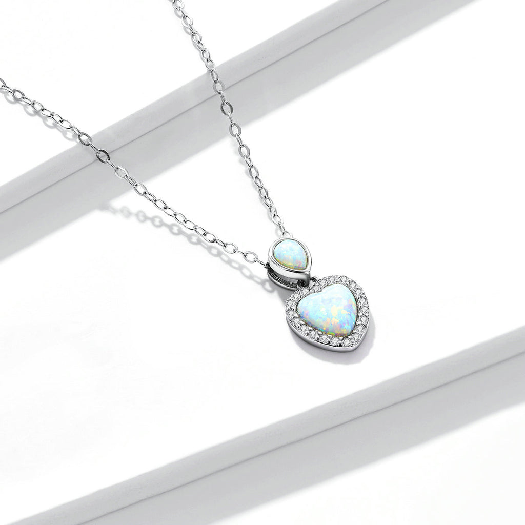 925 Sterling Silver Genuine Translucent Opal Necklace with CZ for Women