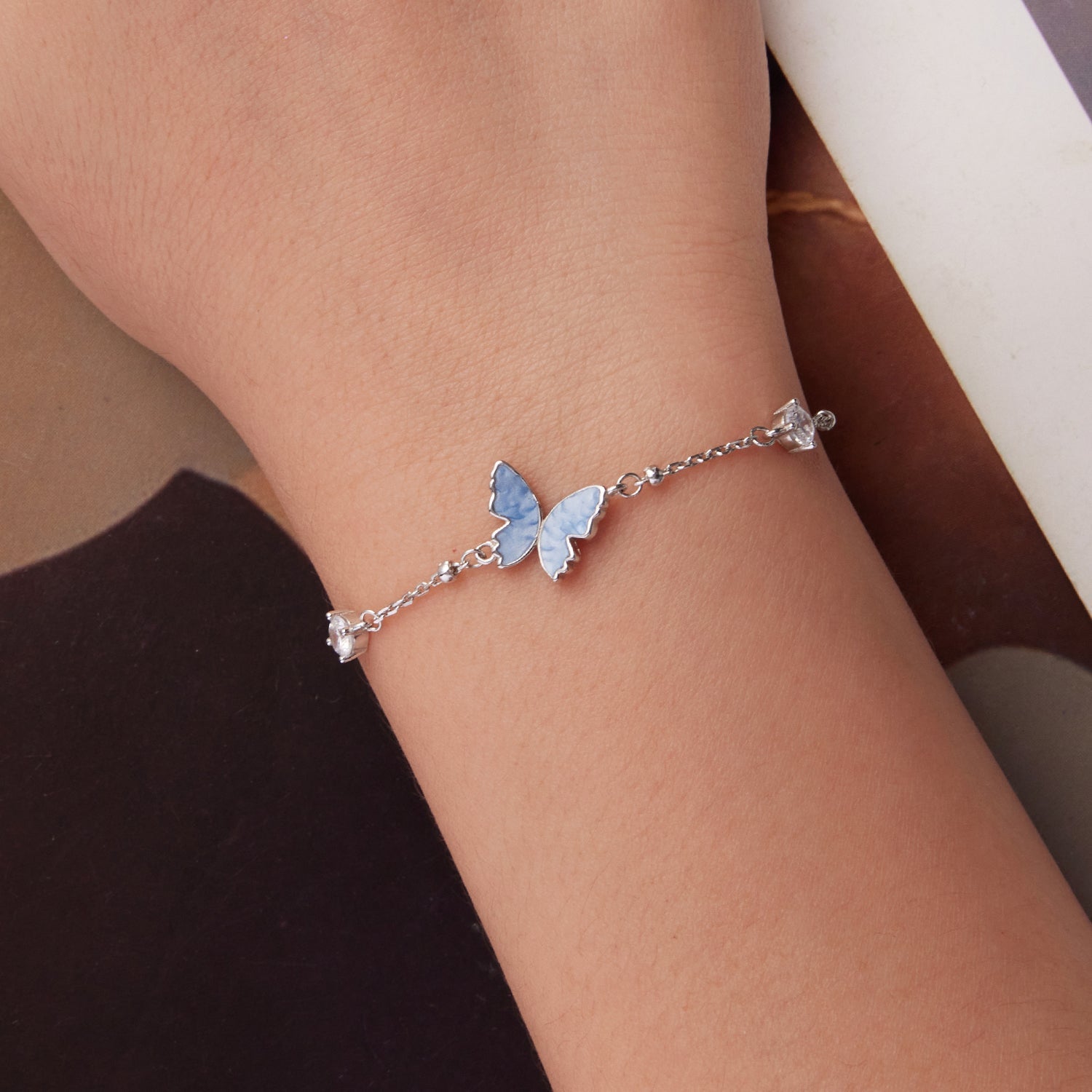 925 Sterling Silver White Gold Plated Bracelet with Enamel and CZ - 15+6cm Length