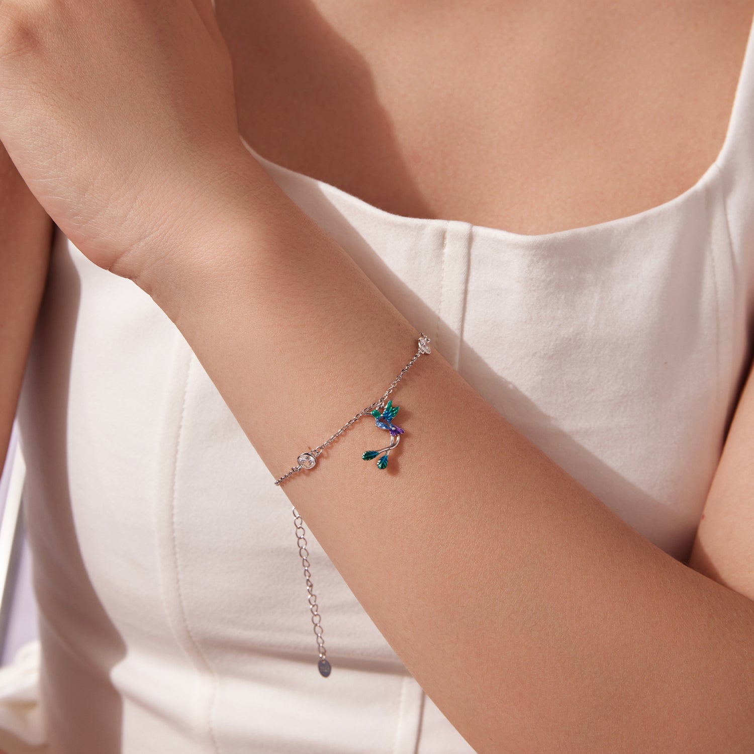 925 Sterling Silver Enamel Pavé CZ White Gold Bracelet for Women 15+6cm