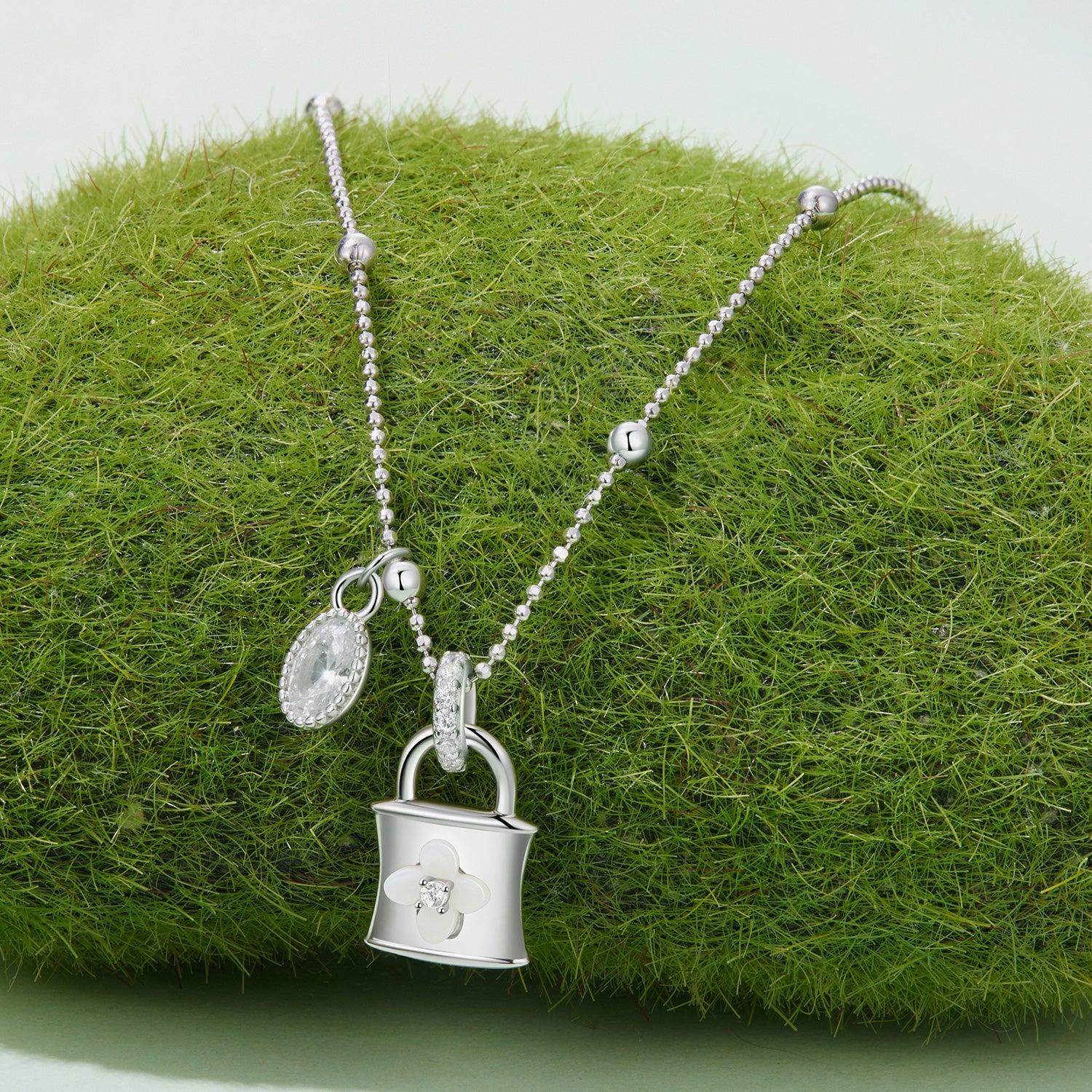 925 Sterling Silver White Gold Plated Necklace with CZ and Nacre for Women