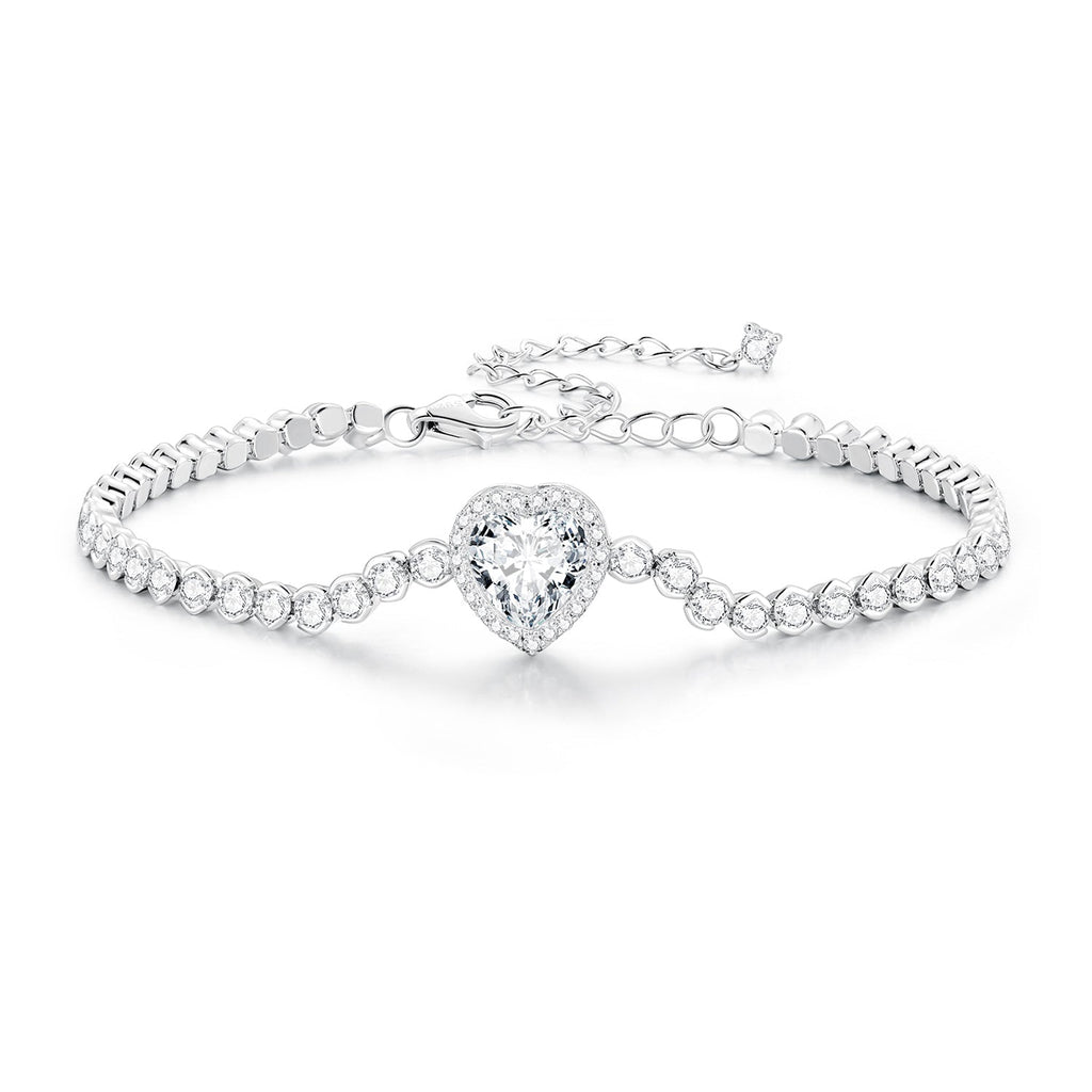 925 Sterling Silver Bracelet with CZ Zircon, 15+6.5cm, Platinum Plated for Women