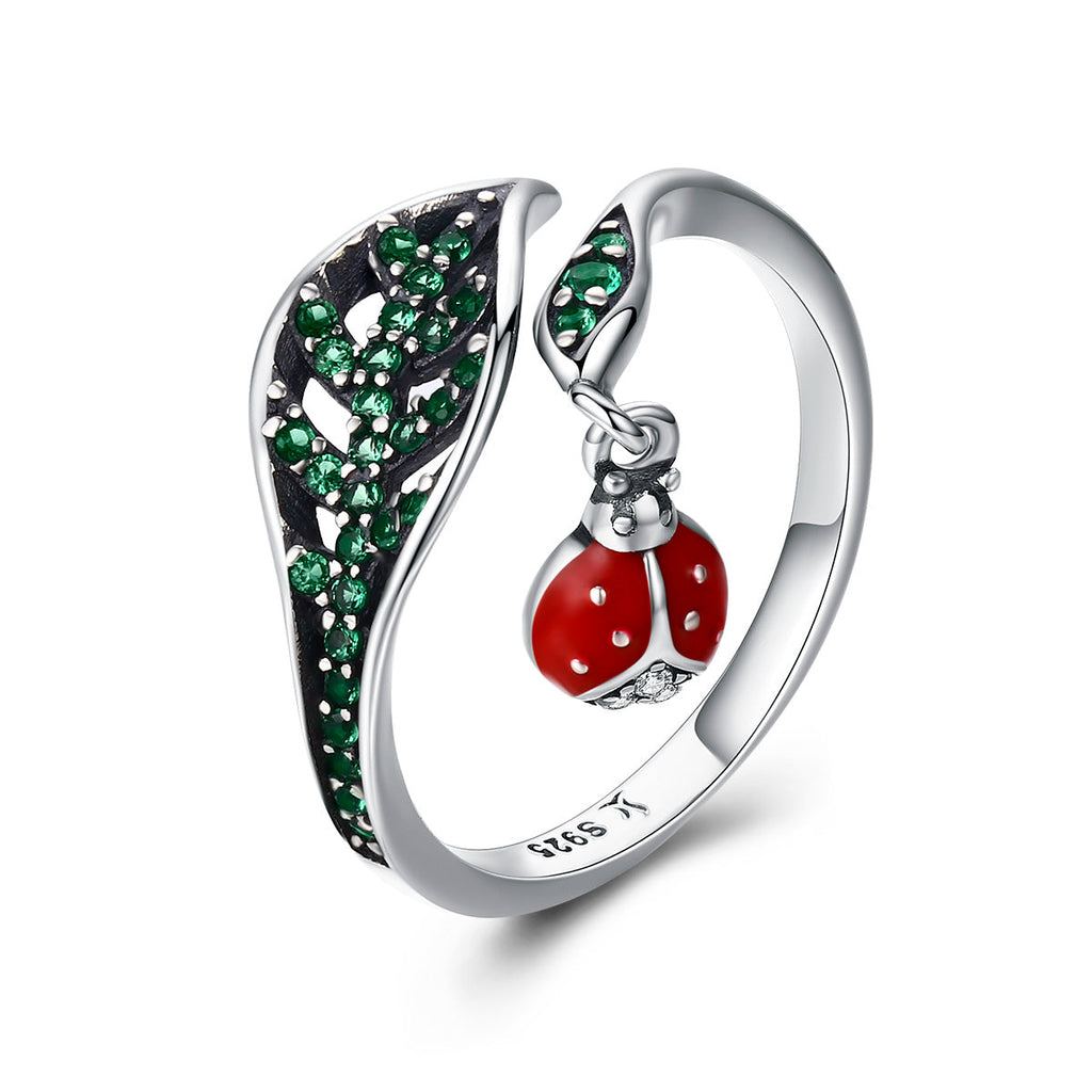 925 Sterling Silver Ring with Genuine Beetle and Leaf Design - 0.8x0.5cm, Women
