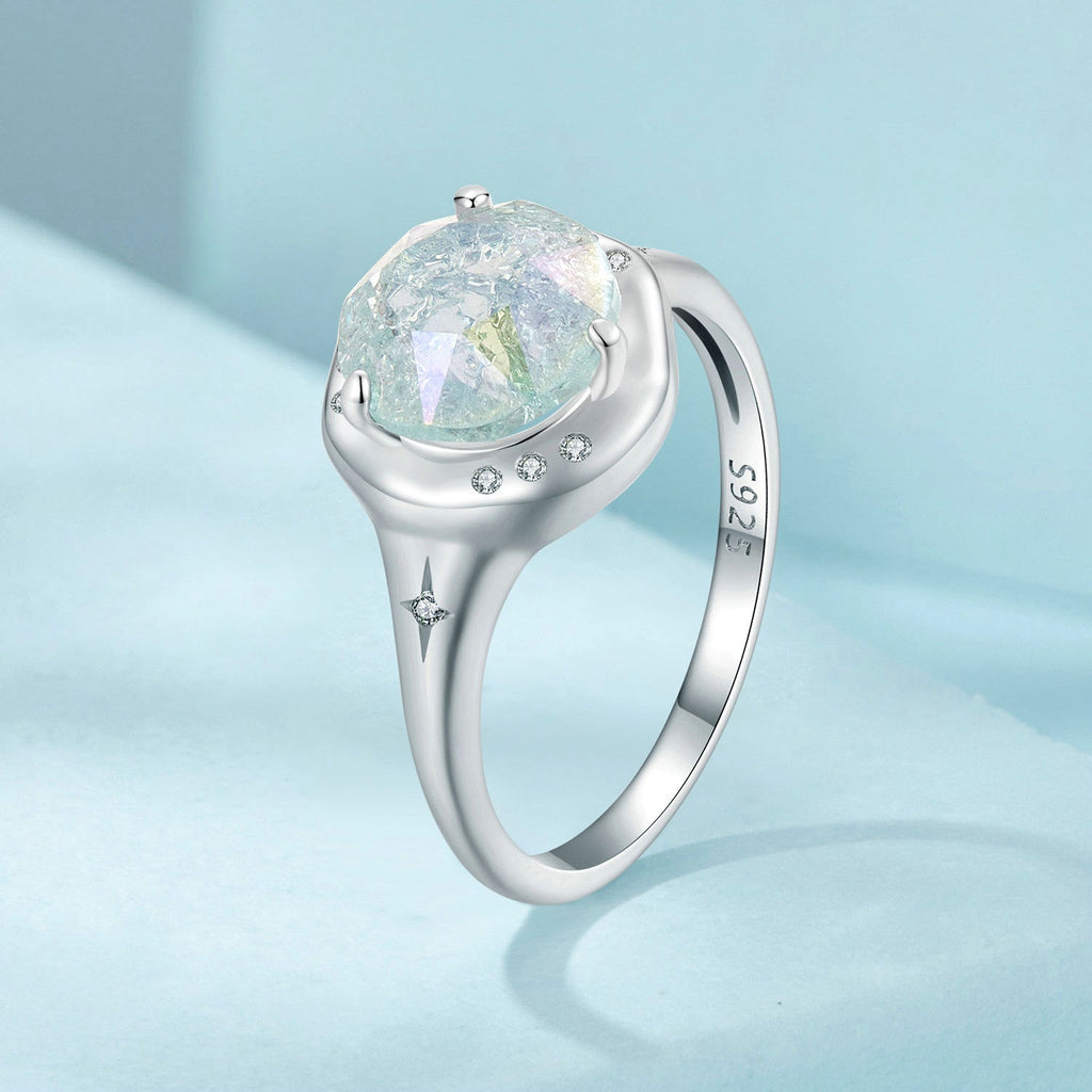 925 Sterling Silver Ring Size 6.0 with 11mm CZ & Transparent Glass for Women
