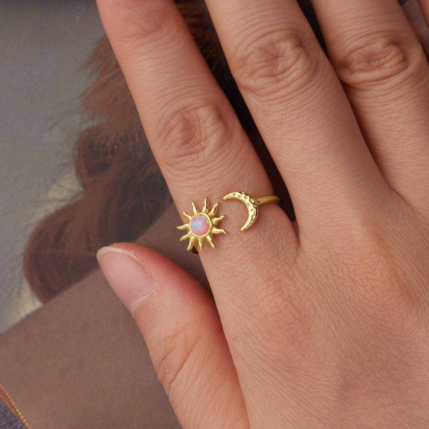 925 Sterling Silver Gold Plated Ring with Synthetic Opal Sun & Moon for Women