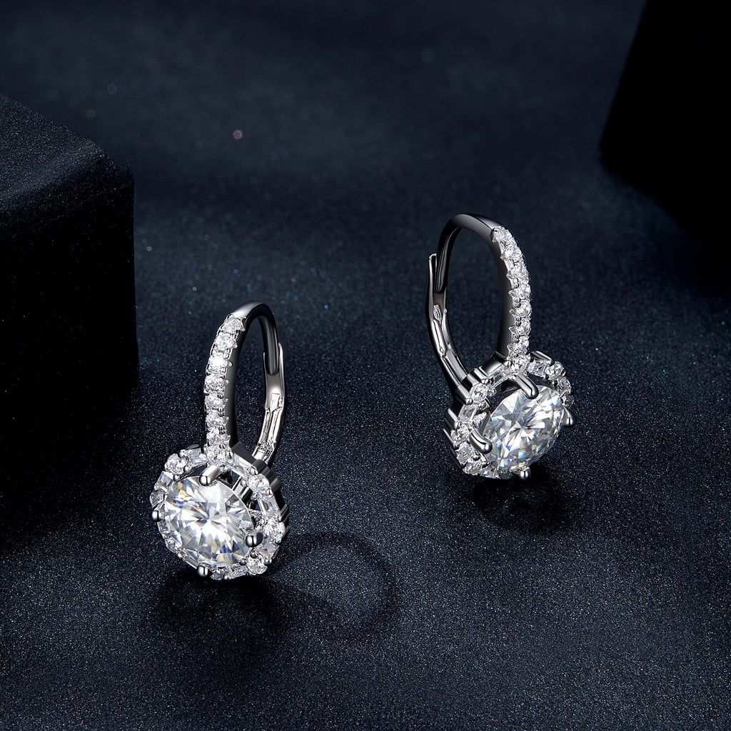 925 Sterling Silver Moissanite Earrings with Pavé Setting, 1.9x1.0cm for Women