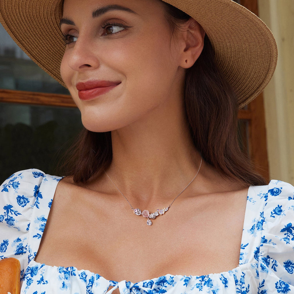 925 Sterling Silver Necklace with CZ & Resin Pendant, 18x39mm, Plated with White Gold