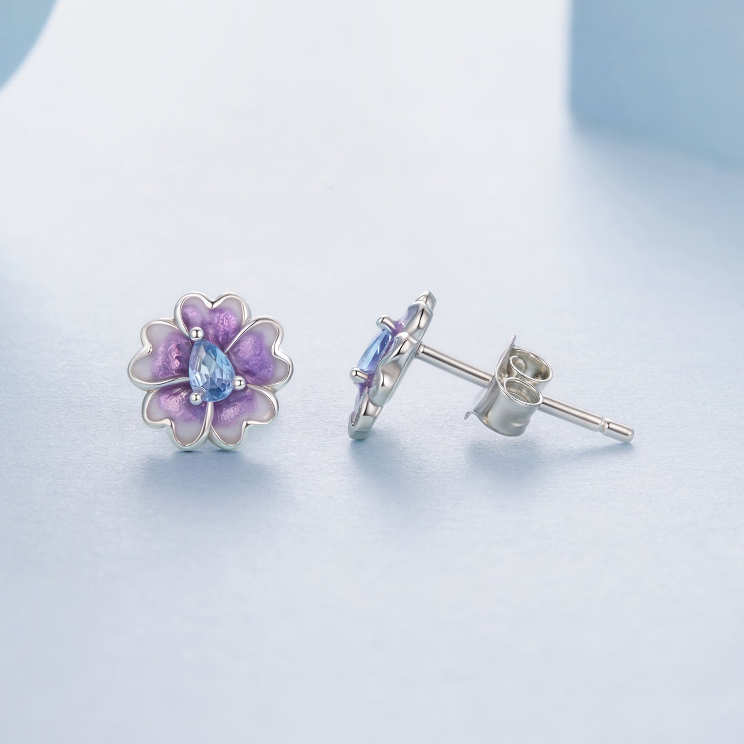 925 Sterling Silver Earrings with Pavé CZ and Enamel Process, 0.8cm, White Gold Plated for Women