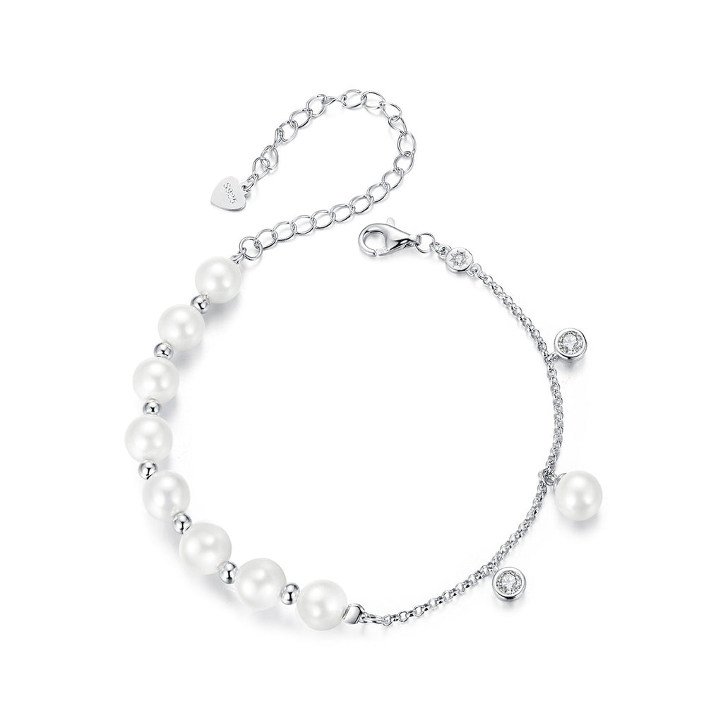 925 Sterling Silver 15+6cm White Gold Plated Bracelet with Quality Shell Pearl & CZ for Women