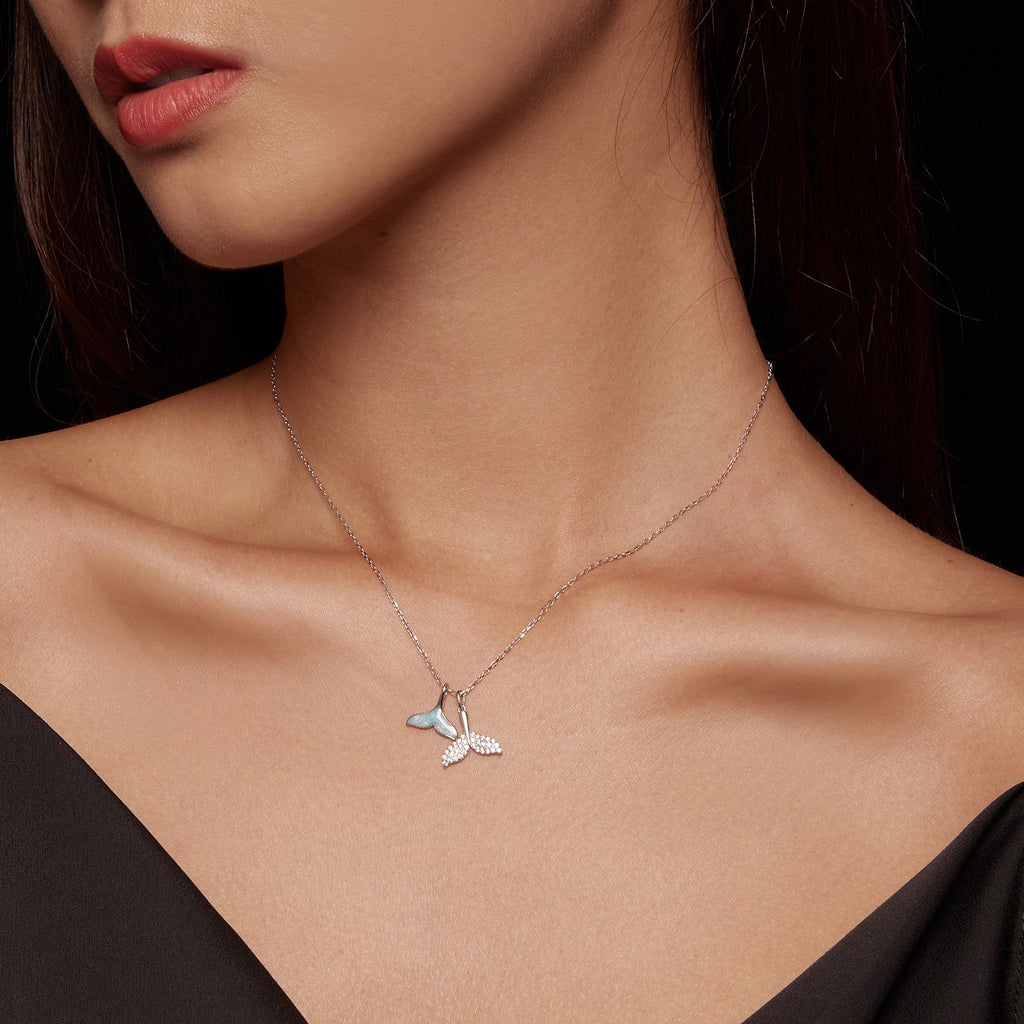925 Sterling Silver Necklace with CZ & Enamel - 40+5cm Length, Fishtail Design for Women