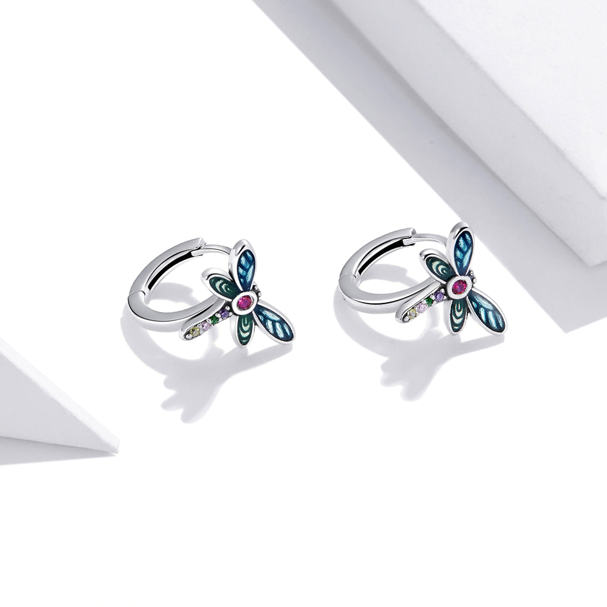 925 Sterling Silver Dragonfly Earrings with CZ and Enamel - 0.9 cm for Women