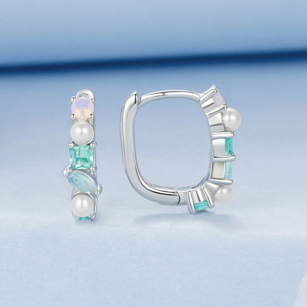 925 Sterling Silver Earrings with Nano Opal, Shell Pearl and Glass, 1.4cm for Women