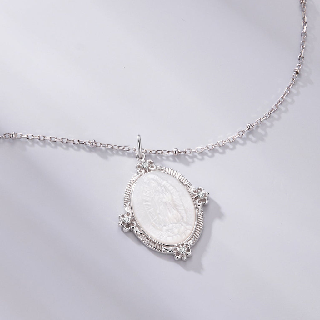925 Sterling Silver Necklace with White Gold Plating, 40+5cm Length, CZ & Mother of Pearl Pendant for Women