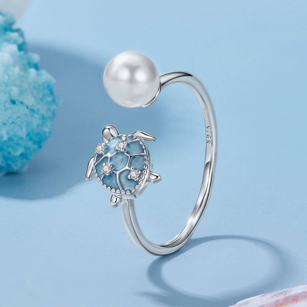925 Sterling Silver Turtle Ring with Quality Shell Pearl & CZ - Size: nan