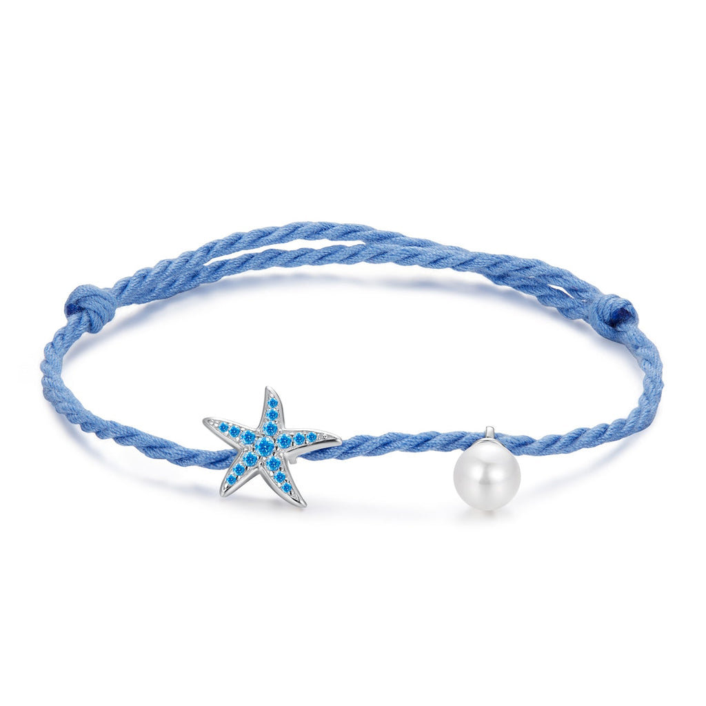 925 Sterling Silver Adjustable Starfish & Shell Pearl Bracelet for Women