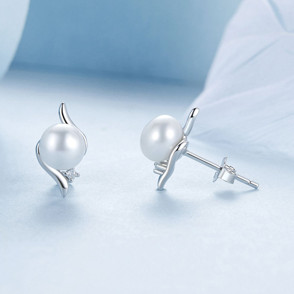 925 Sterling Silver Natural Pearl & CZ Earrings Plated in Platinum