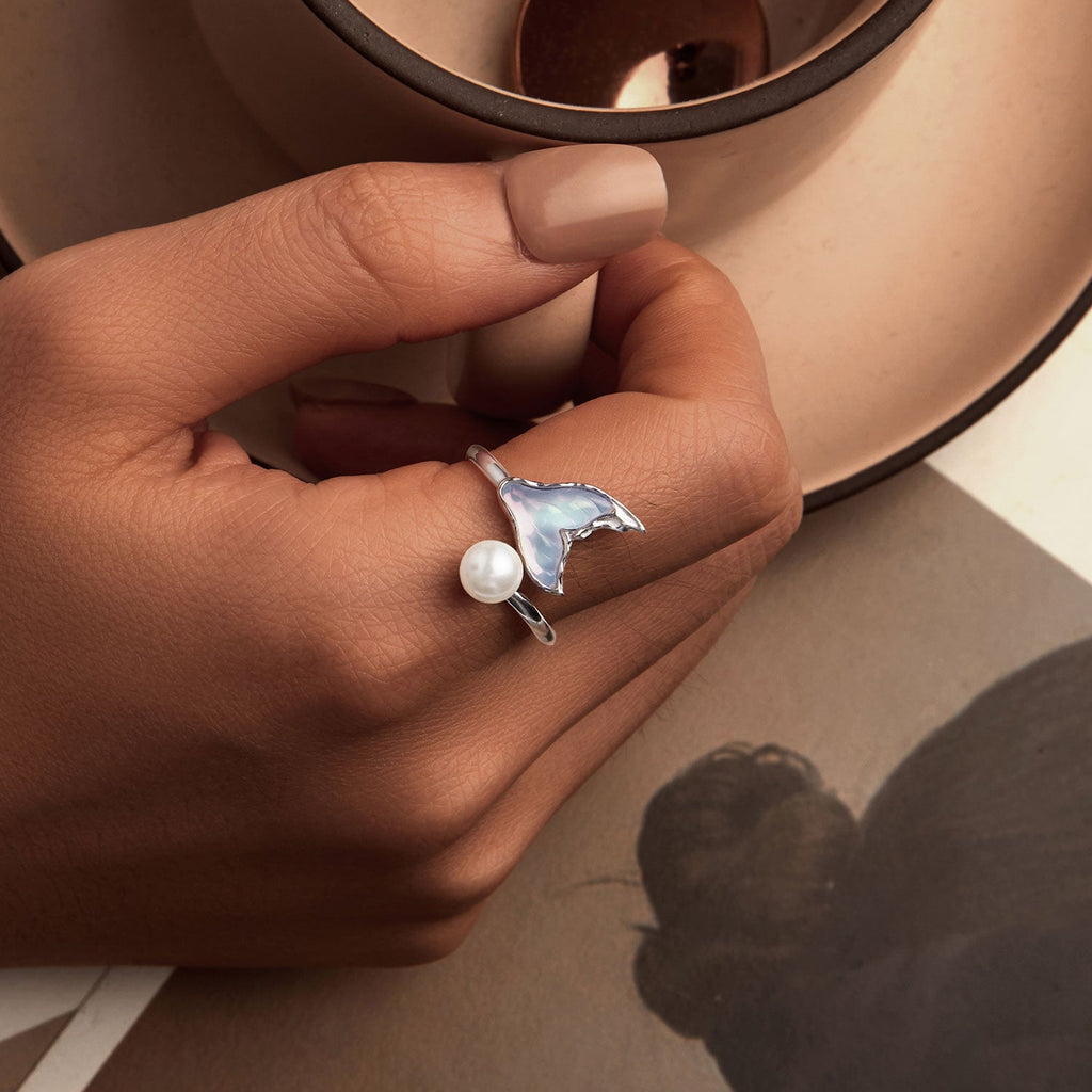 925 Sterling Silver Ring with Shell Pearl and Transparent Glass