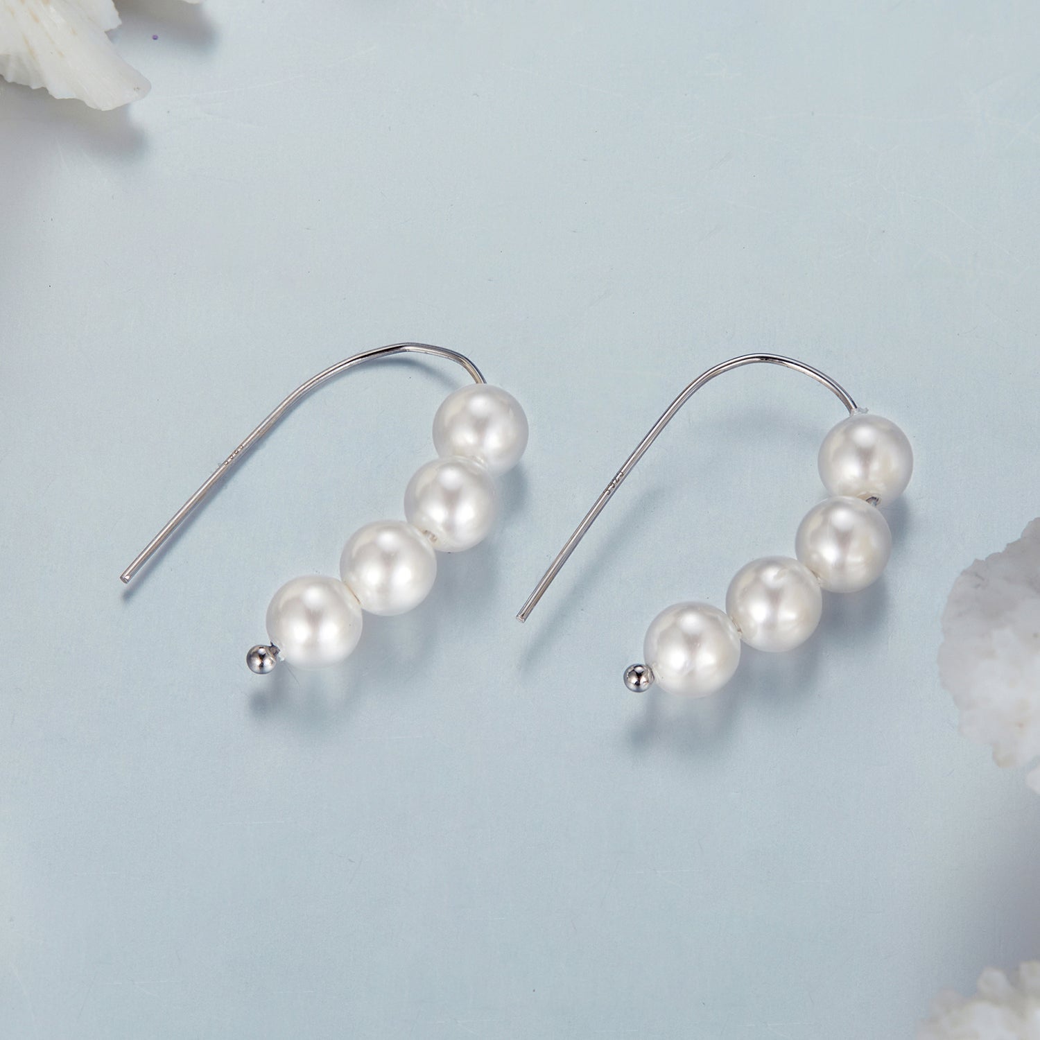 925 Sterling Silver White Gold Plated Earrings with Quality Shell Pearl, 2.1*0.5cm for Women