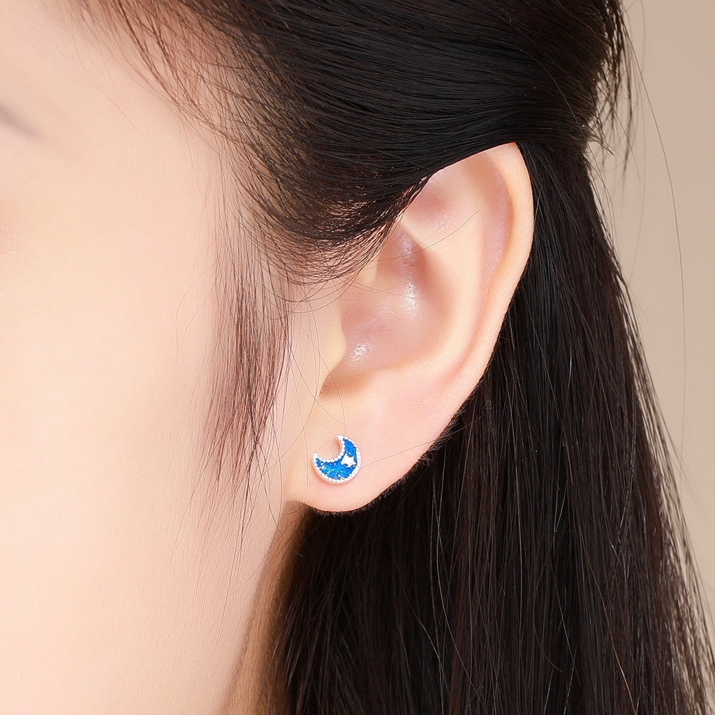 925 Sterling Silver Earrings for Women - Enamel Moon and Sun Design, 0.7x0.6cm, 0.6x0.8cm