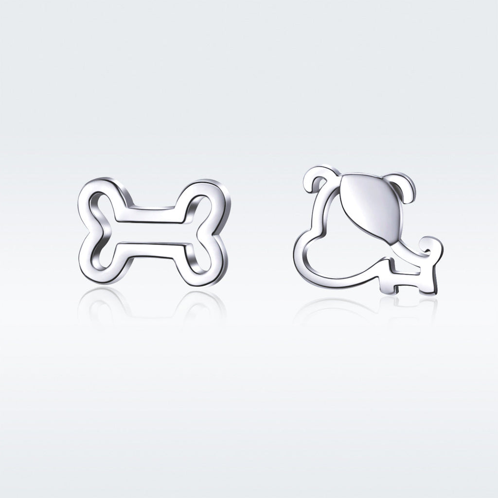 925 Sterling Silver Earrings for Women, 0.5-0.6cm, Bone and Dog Design, Platinum Plated