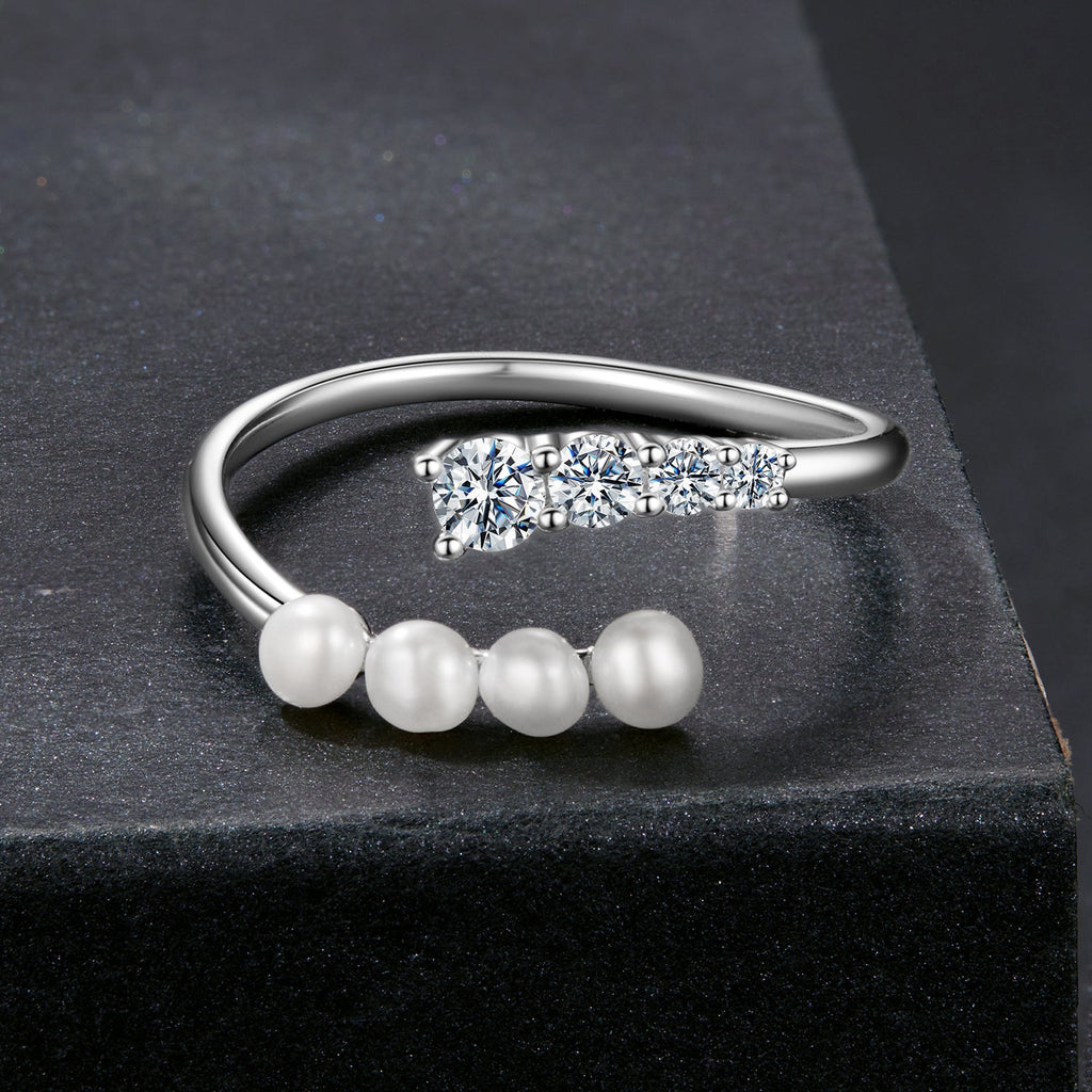 925 Sterling Silver Moissanite & Freshwater Pearl Ring, White Gold Plated, Size E for Women