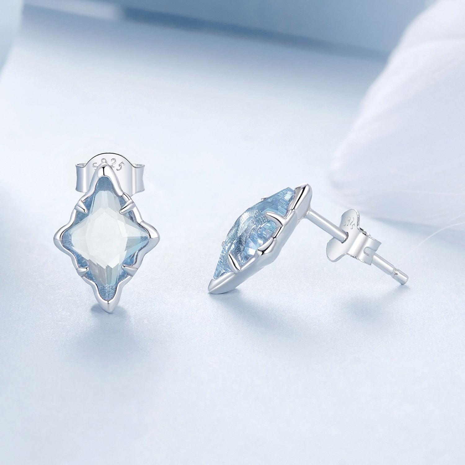 925 Sterling Silver Earrings with Transparent Glass and White Gold Plating