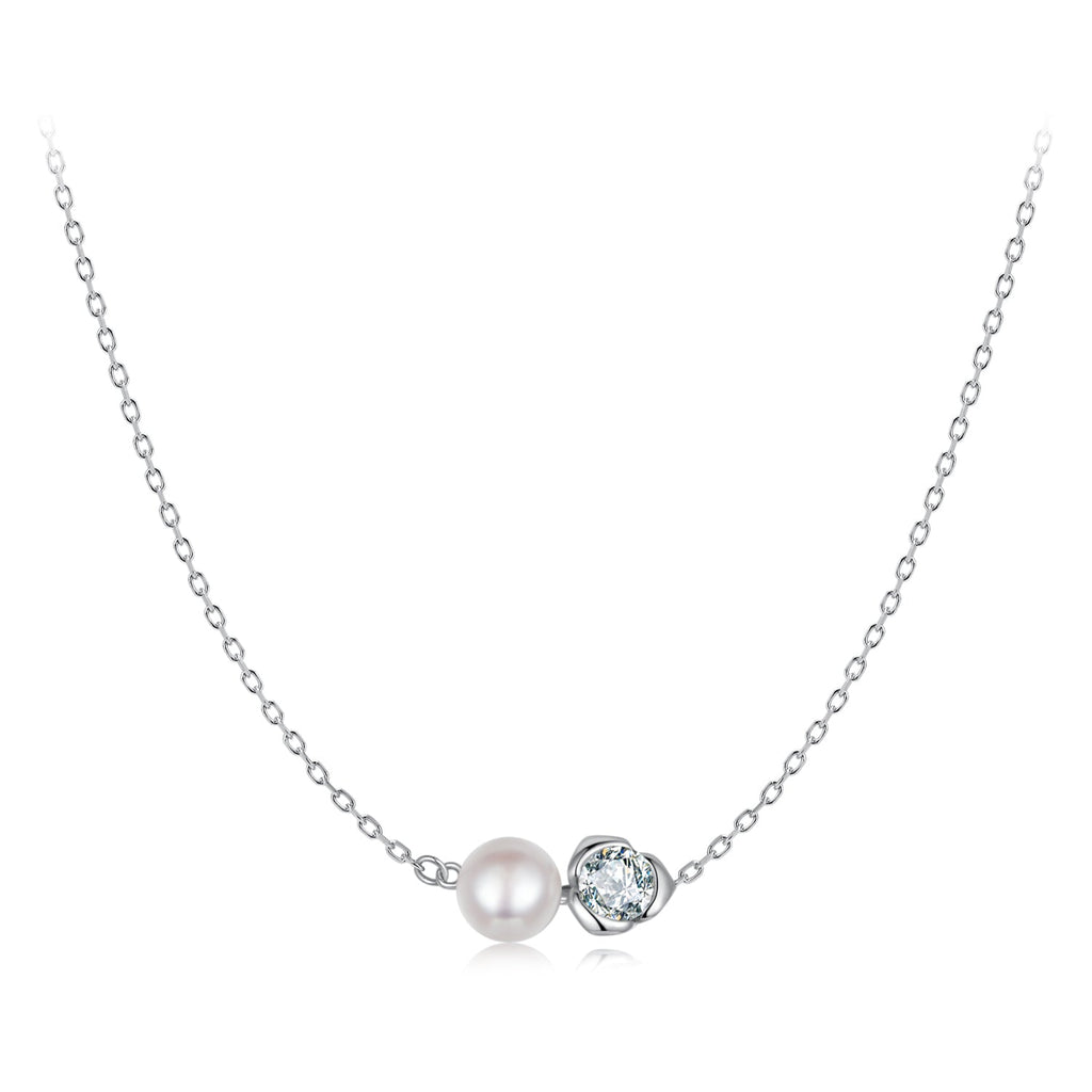 925 Sterling Silver Moissanite & Freshwater Pearl White Gold Necklace 45cm for Women