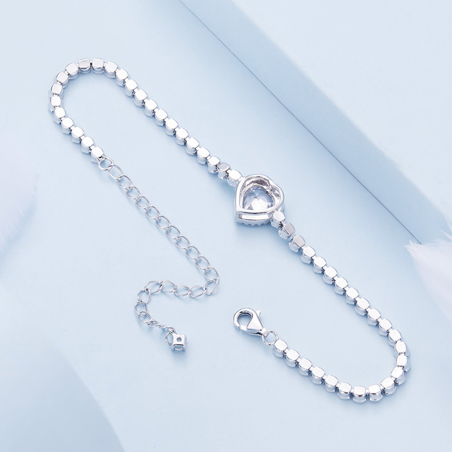 925 Sterling Silver Bracelet with CZ Zircon, 15+6.5cm, Platinum Plated for Women