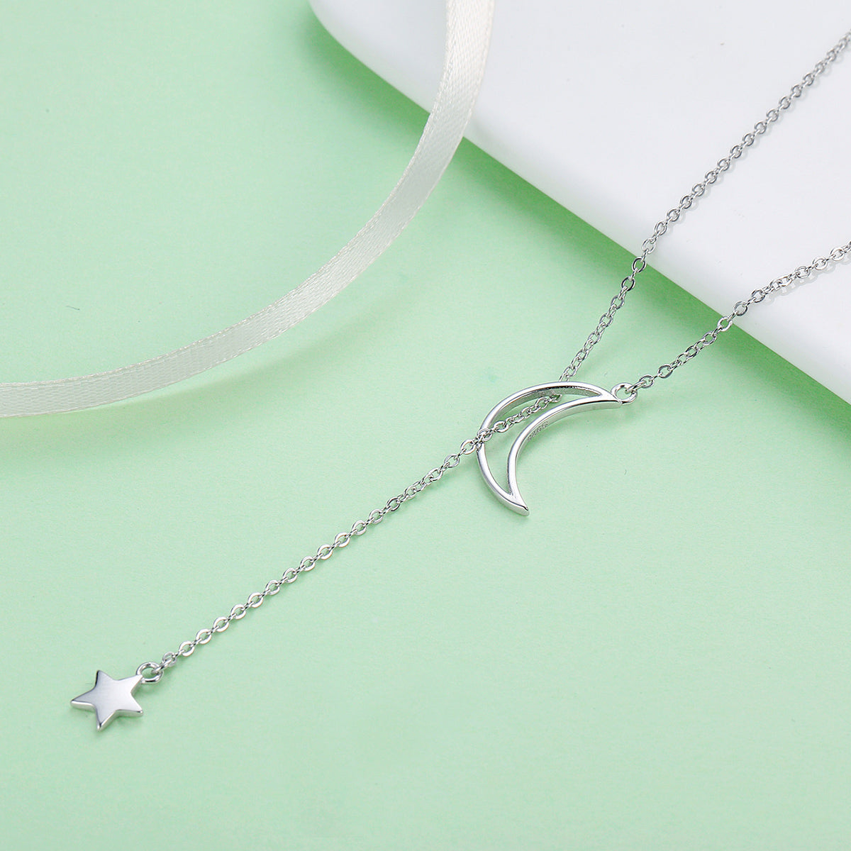 925 Sterling Silver Necklace 47cm with Moon Pendant for Women