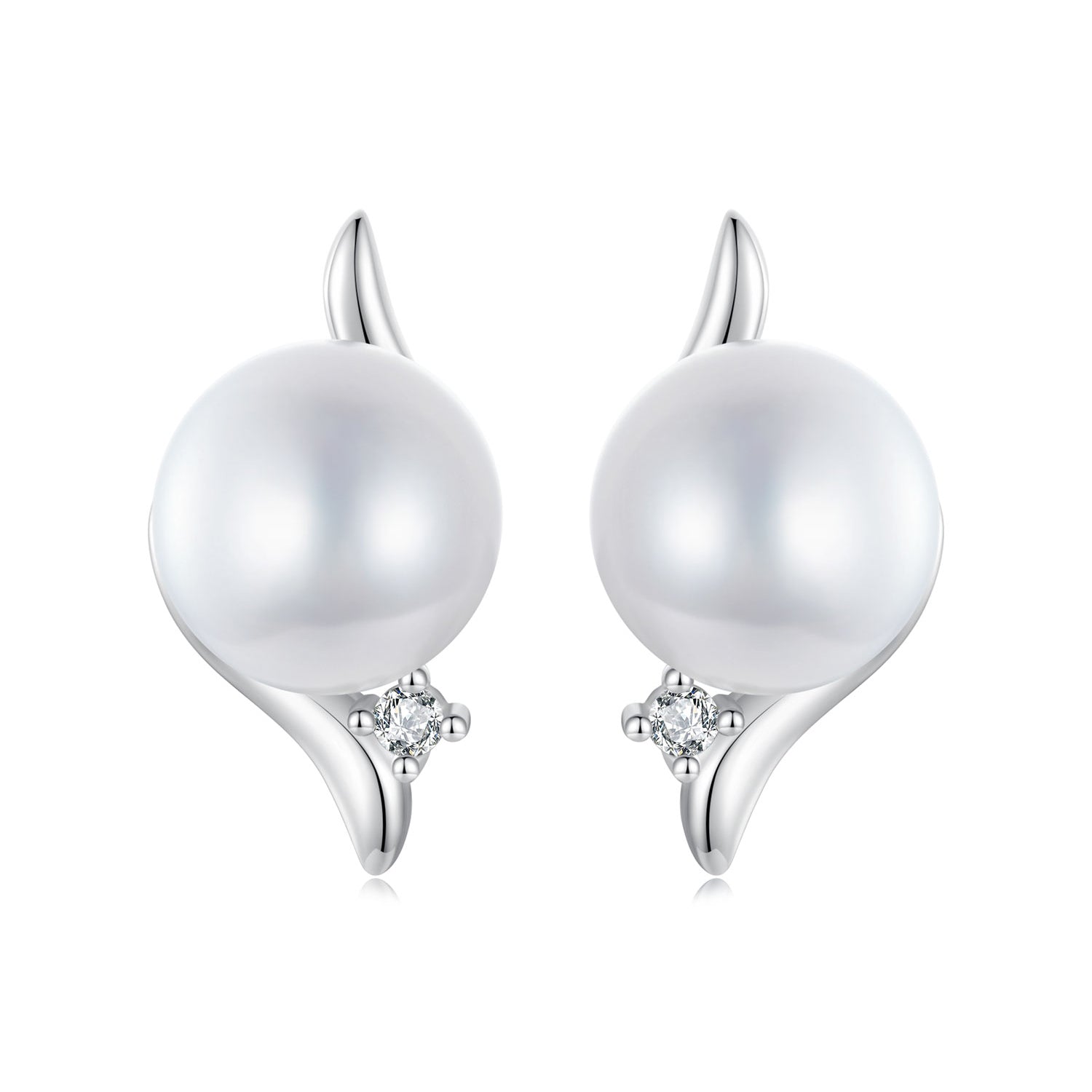 925 Sterling Silver Natural Pearl & CZ Earrings Plated in Platinum