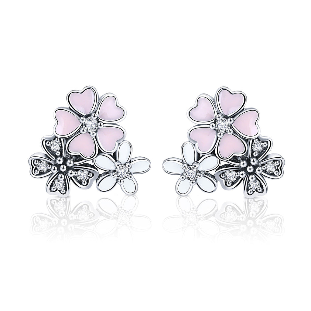 925 Sterling Silver Earrings with Pavé Setting, Oxidized Silver, Enamel - 1.0 x 1.1 cm for Women