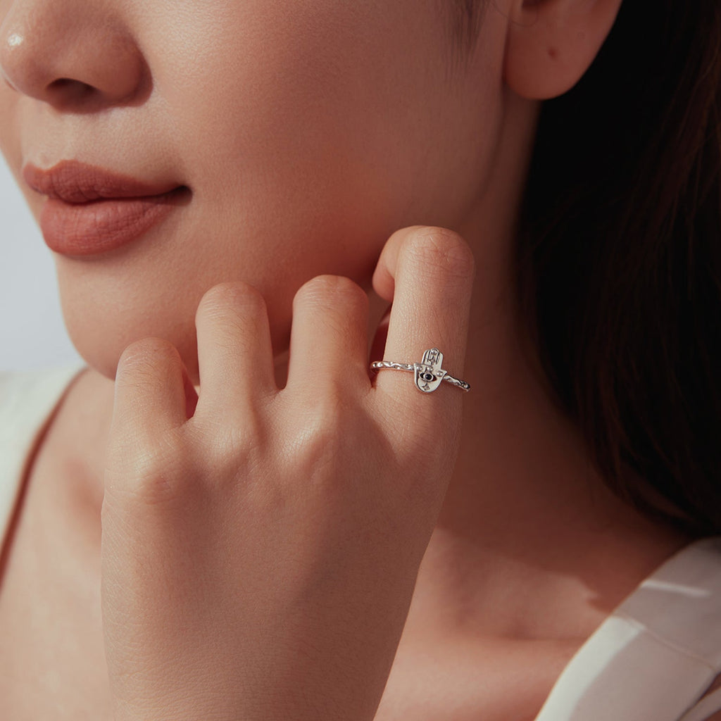 925 Sterling Silver Hamsa Hand Ring with Synthetic Spinel for Women