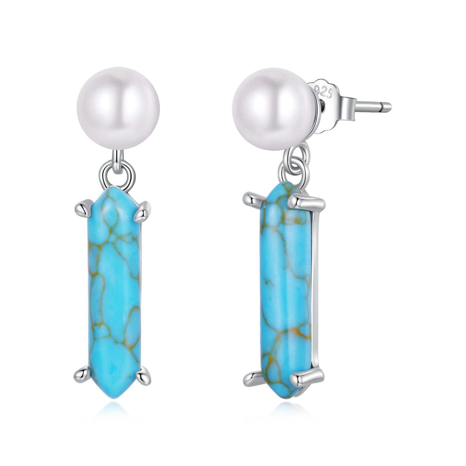925 Sterling Silver Earrings with Synthetic Turquoise and Pearl, 2.4*0.6cm for Women