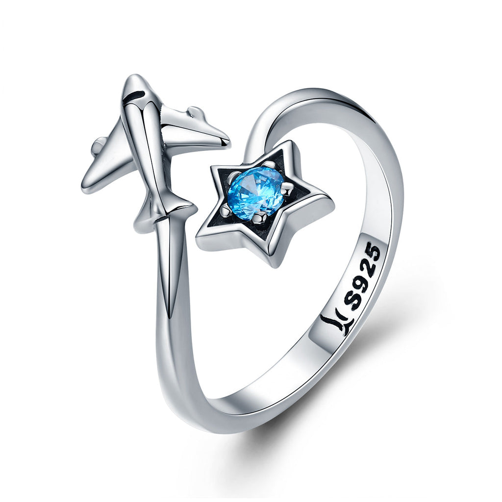 S925 Sterling Silver Star and Airplane Ring Set for Women