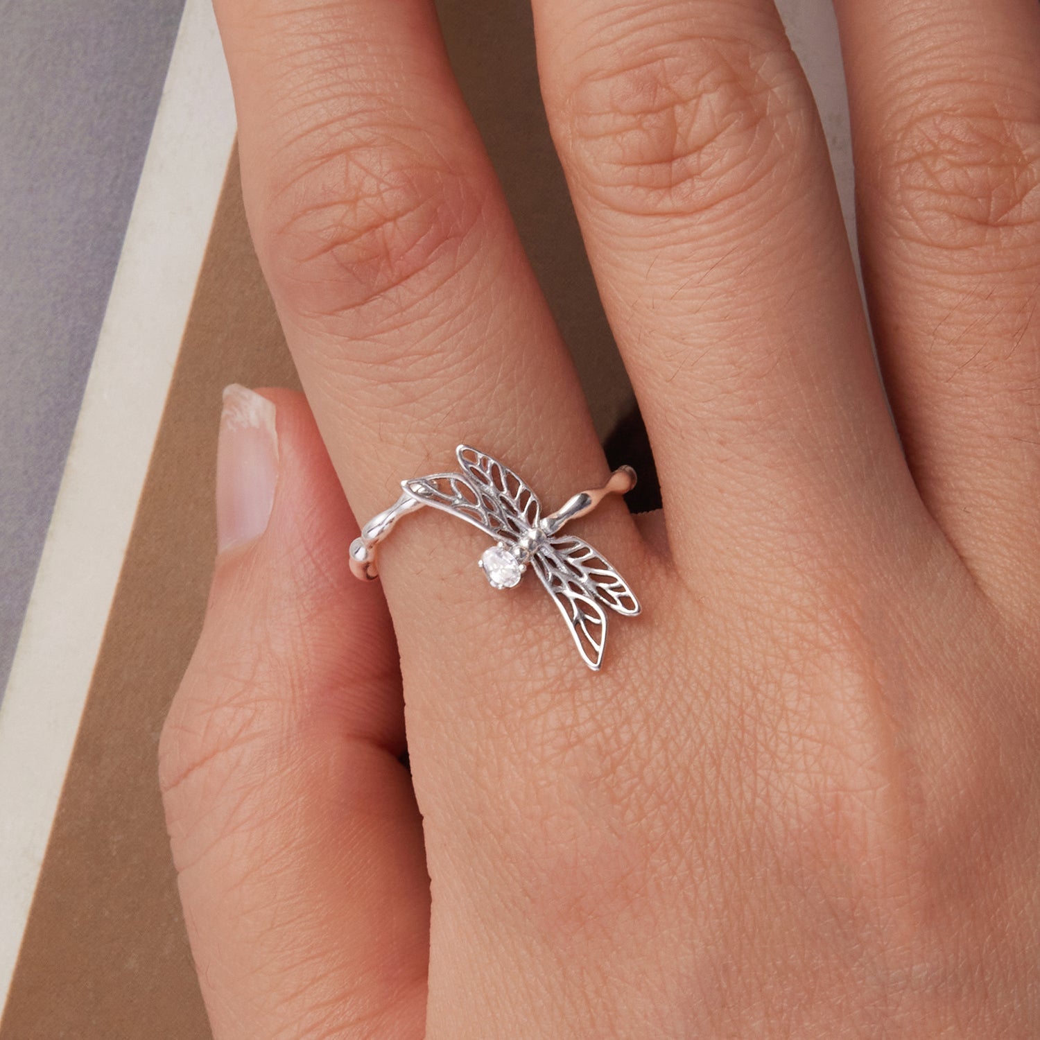 925 Sterling Silver Dragonfly Ring for Women with Cubic Zirconia