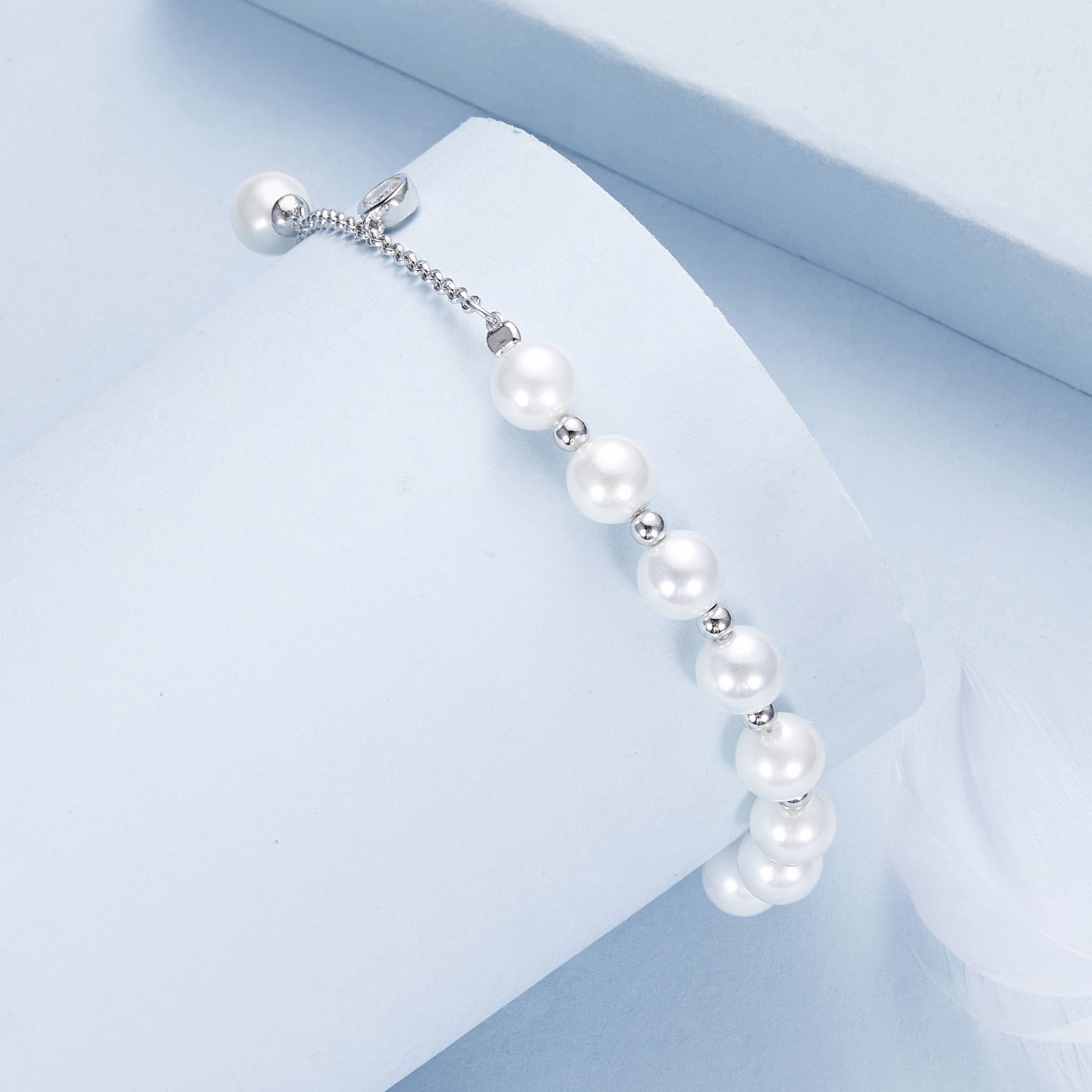 925 Sterling Silver 15+6cm White Gold Plated Bracelet with Quality Shell Pearl & CZ for Women