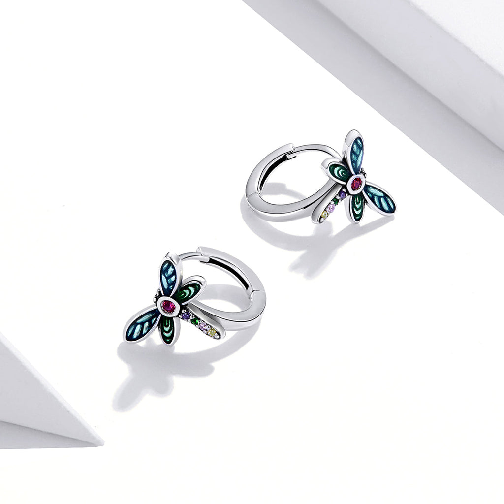925 Sterling Silver Dragonfly Earrings with CZ and Enamel - 0.9 cm for Women