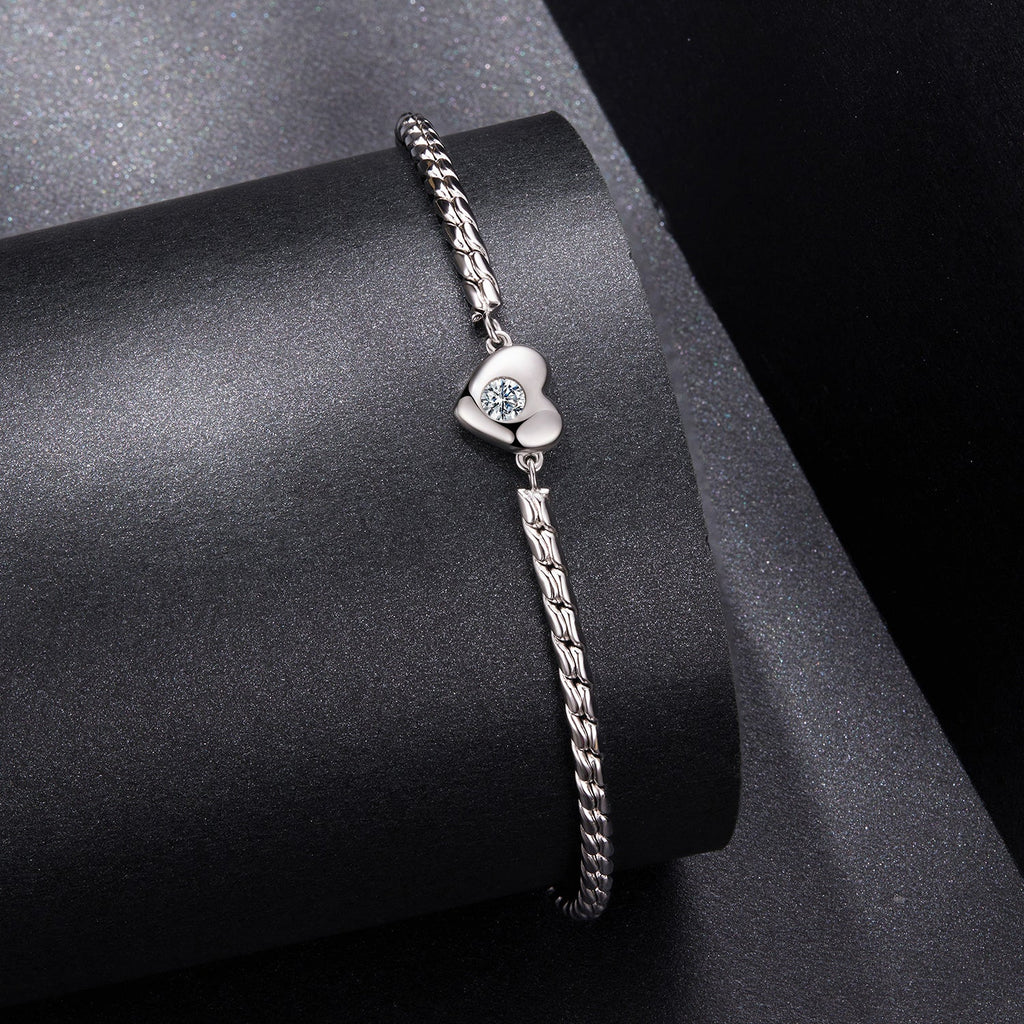 925 Sterling Silver Moissanite Heart Bracelet for Women - Silver - 15+6cm Length, 0.3cm Thickness