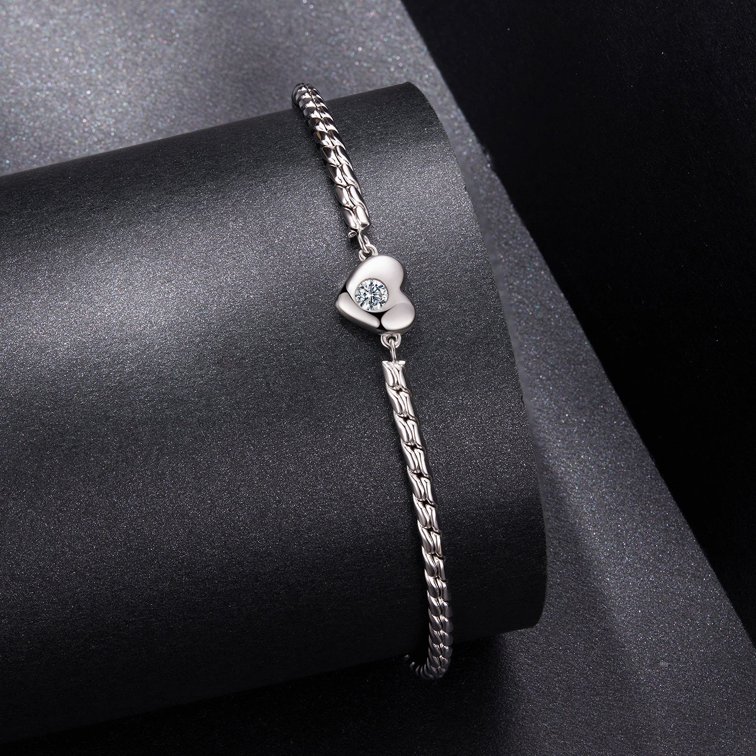 925 Sterling Silver Moissanite Heart Bracelet for Women - Silver - 15+6cm Length, 0.3cm Thickness