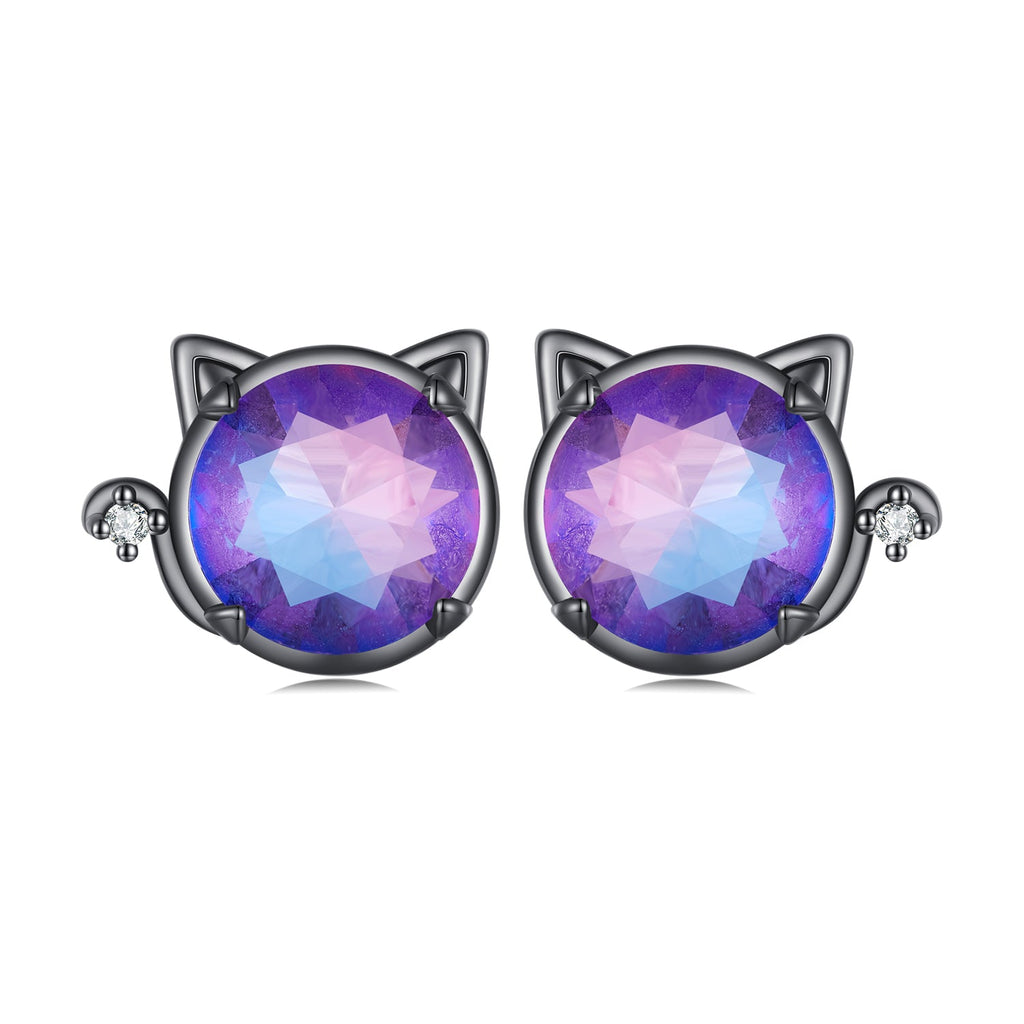 925 Sterling Silver Earrings with Pavé CZ and Transparent Glass in Black Gold, 1.0*1.2cm, for Women
