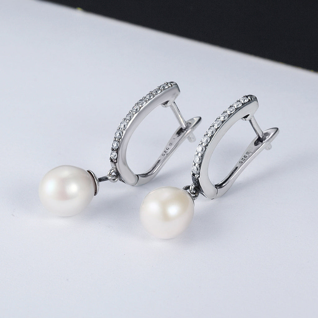 925 Sterling Silver Freshwater Pearl Earrings with Pavé Setting CZ for Women