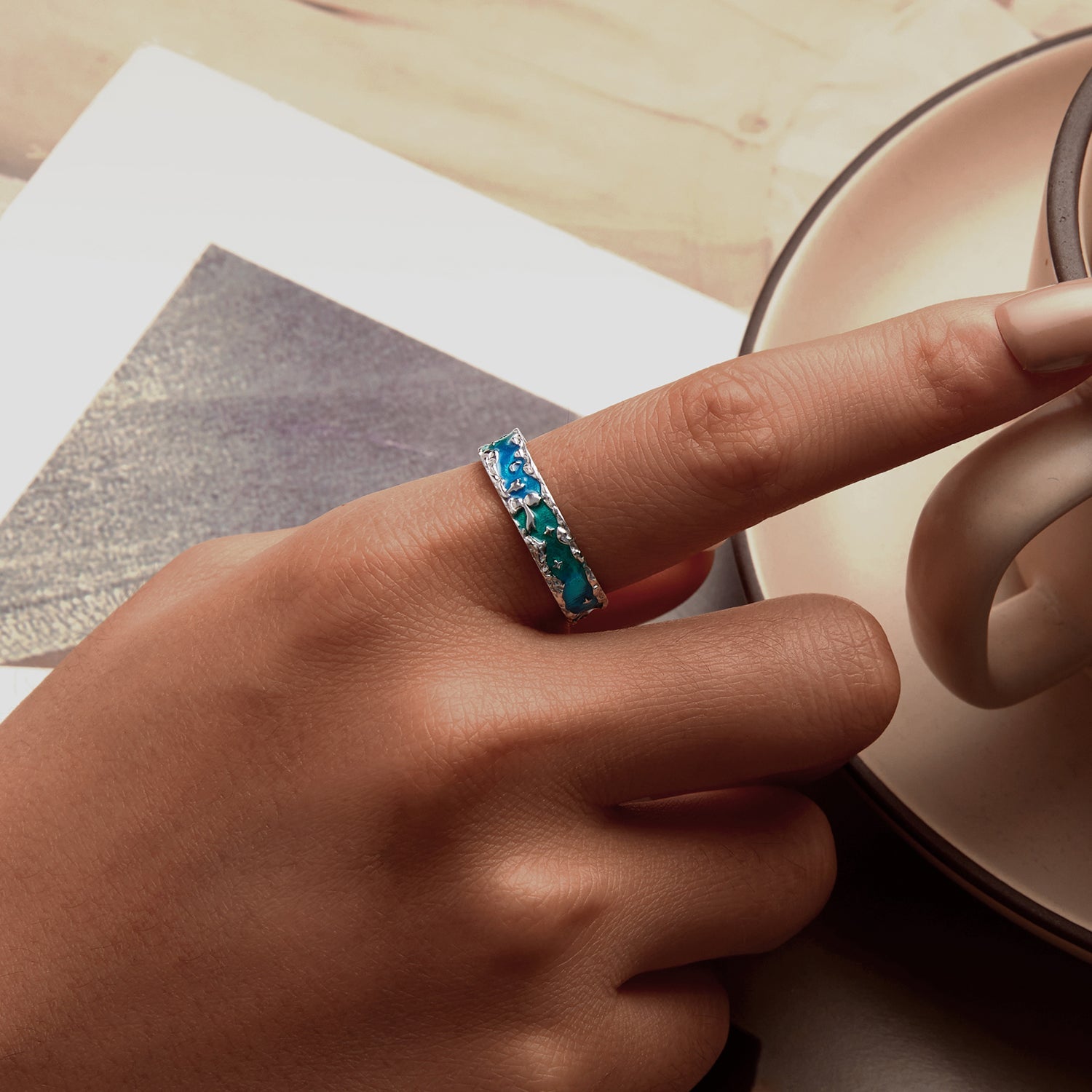 925 Sterling Silver Enamel White Gold Plated 5mm Ring