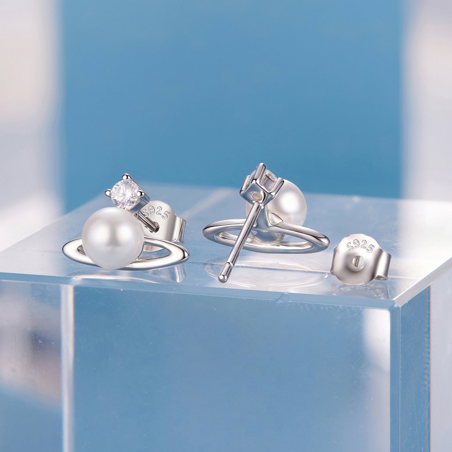 925 Sterling Silver Earrings with White Gold Plating and Shell Pearl
