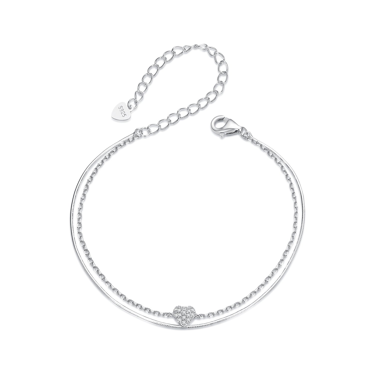 925 Sterling Silver White Gold Plated Heart-Shaped Bracelet with CZ, Length 150+60mm