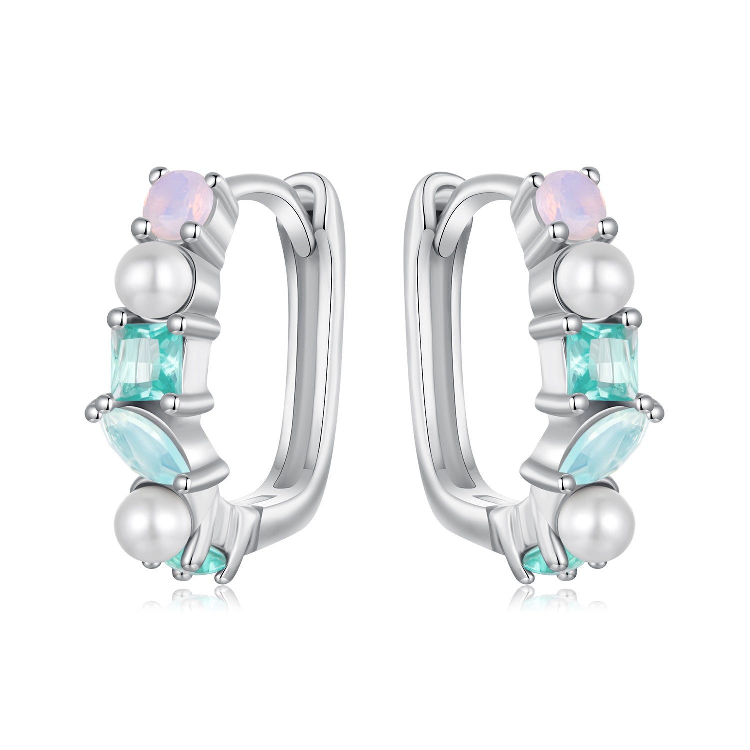 925 Sterling Silver Earrings with Nano Opal, Shell Pearl and Glass, 1.4cm for Women