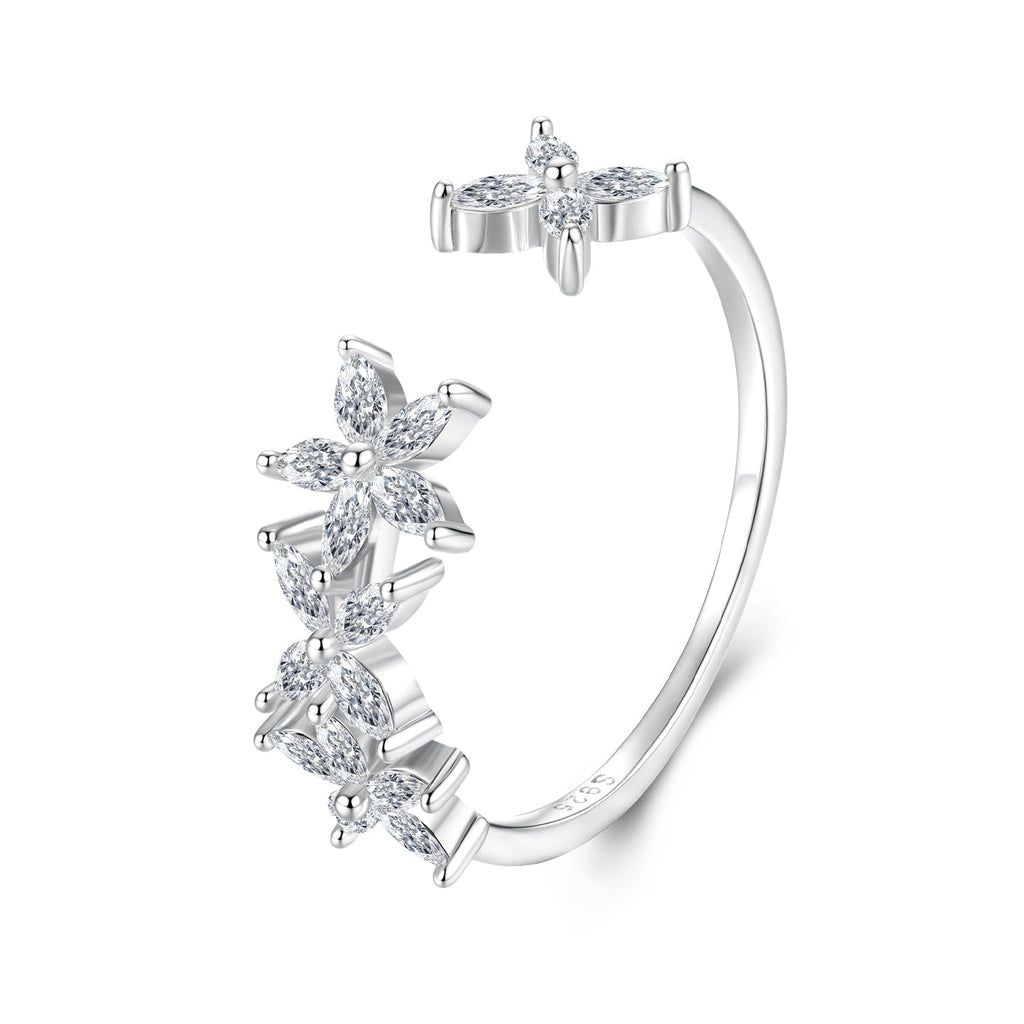 925 Sterling Silver White Gold Plated Pavé Setting CZ Flower Ring for Women