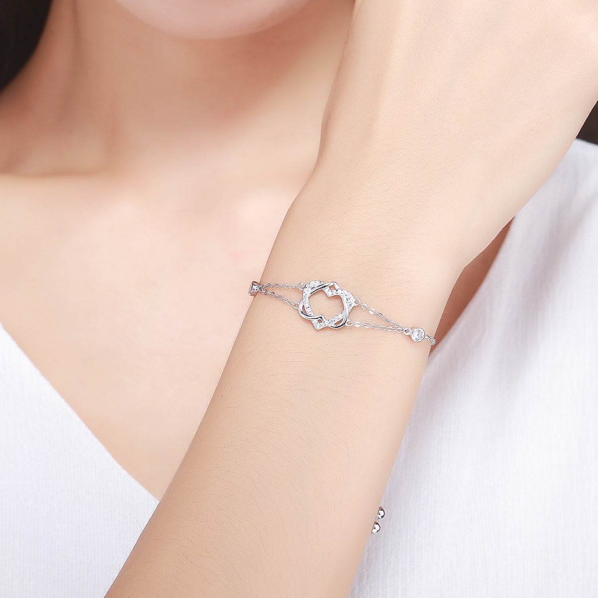 925 Sterling Silver Heart Shaped Bracelet 22CM for Women