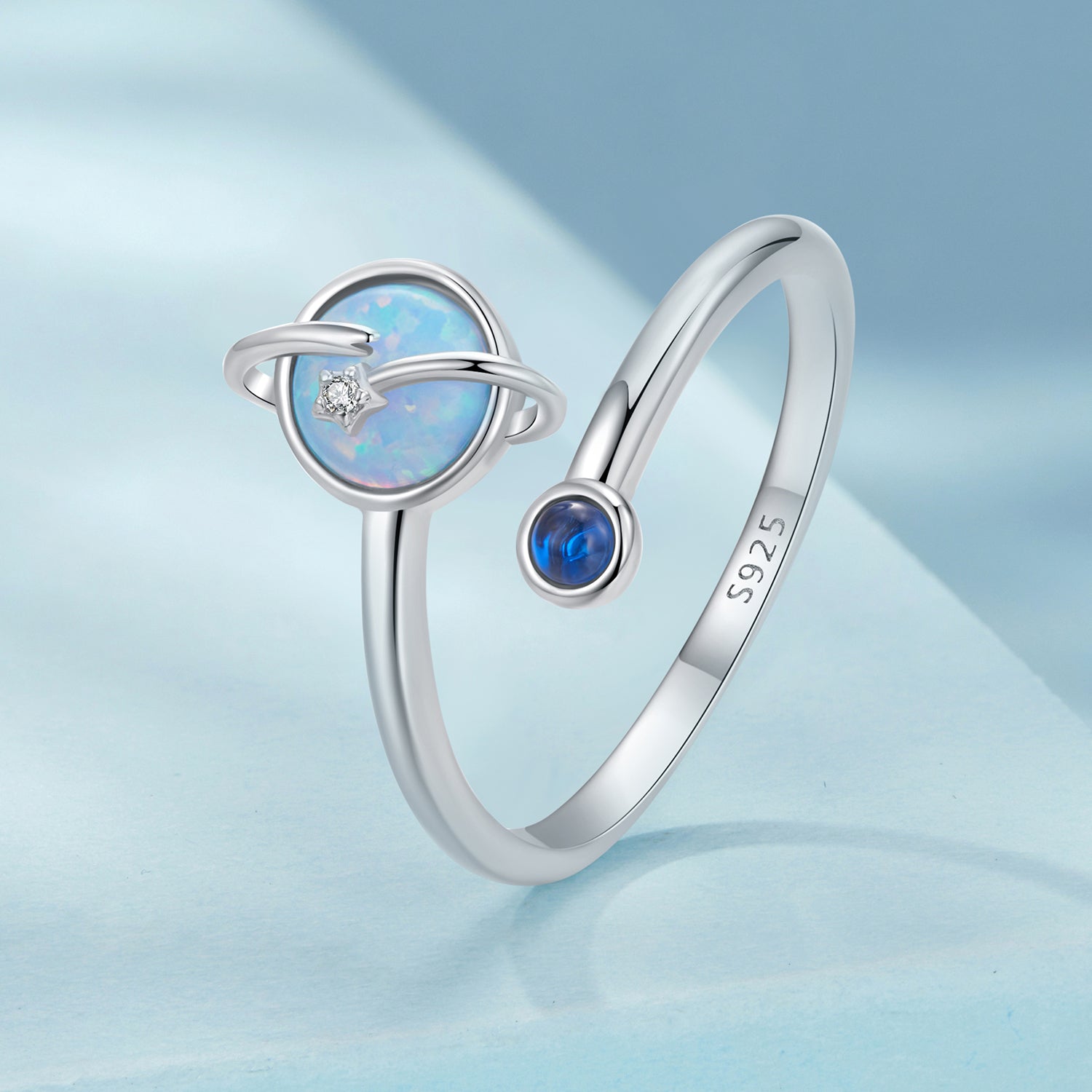 925 Sterling Silver Ring with Pavé Setting, White Gold Plated, with Translucent Opal for Women